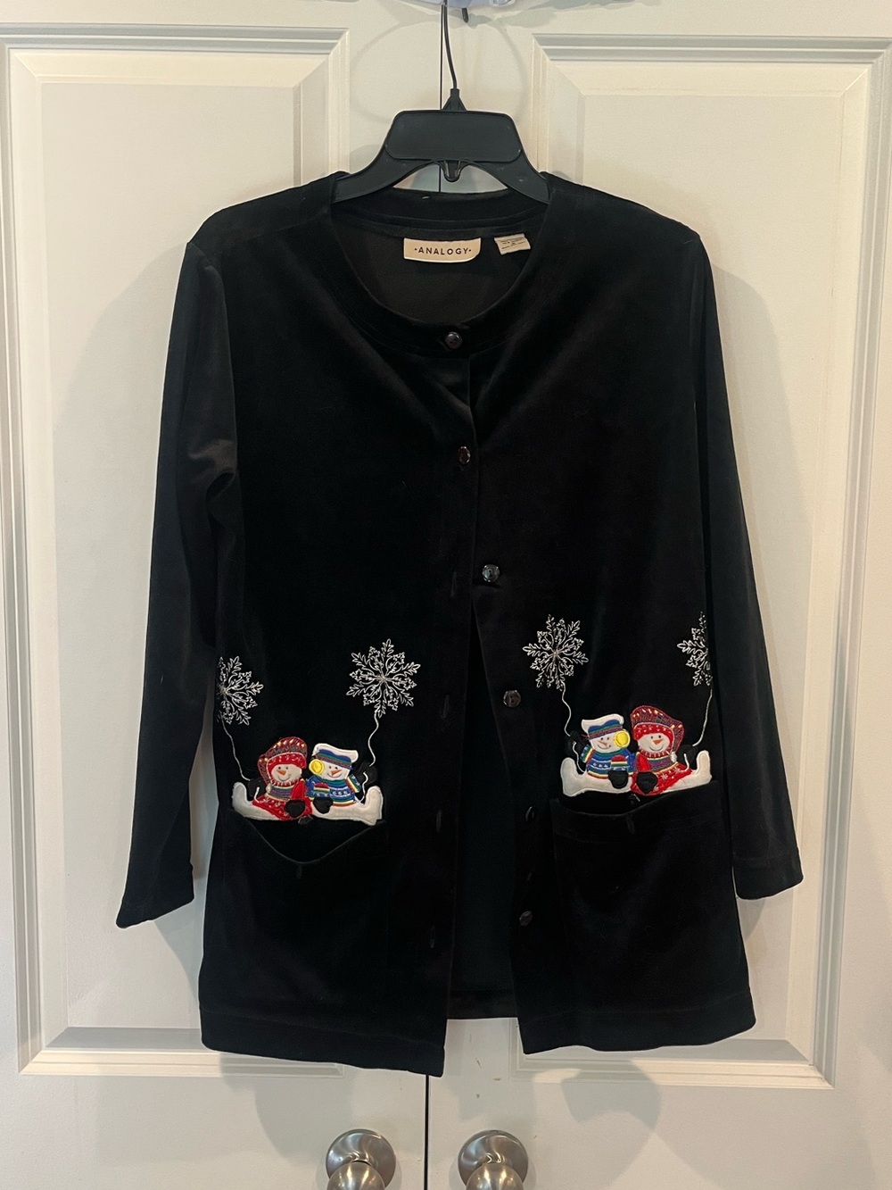 Analog Womens Small Black Holiday Black Velvet Button Down Jacket Snowman Pocket